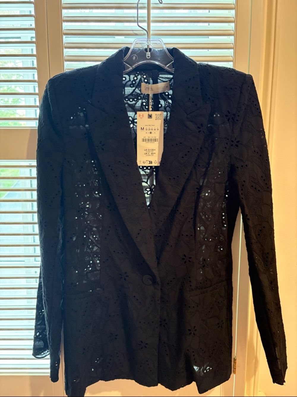 Zara Black Eyelet Lace Single-Button Blazer